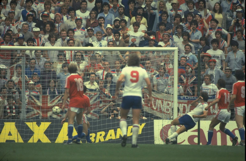 Trevor Francis scores against Czechoslovakia in 1982. 